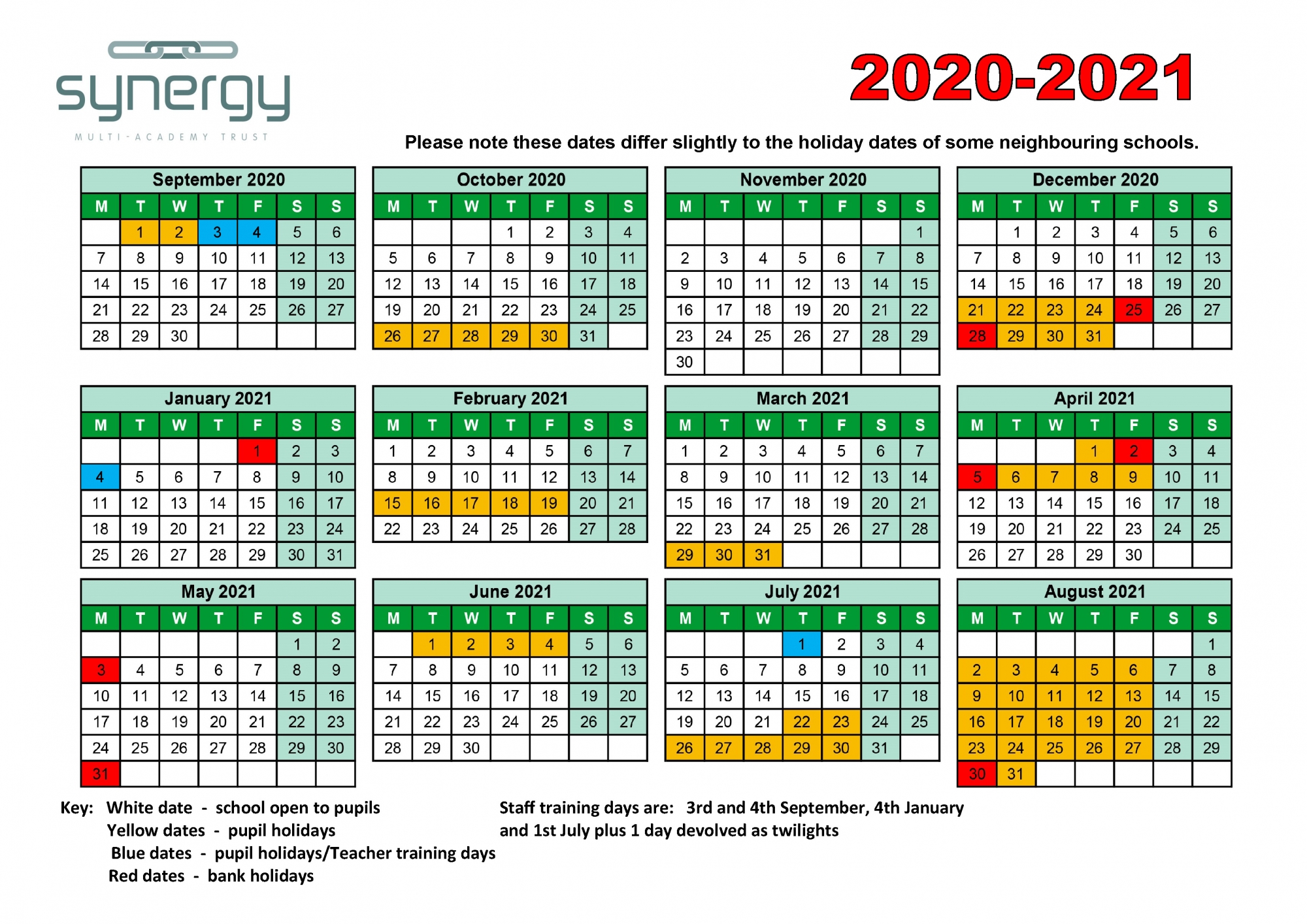 Synergy Term Dates 2020 - 2021